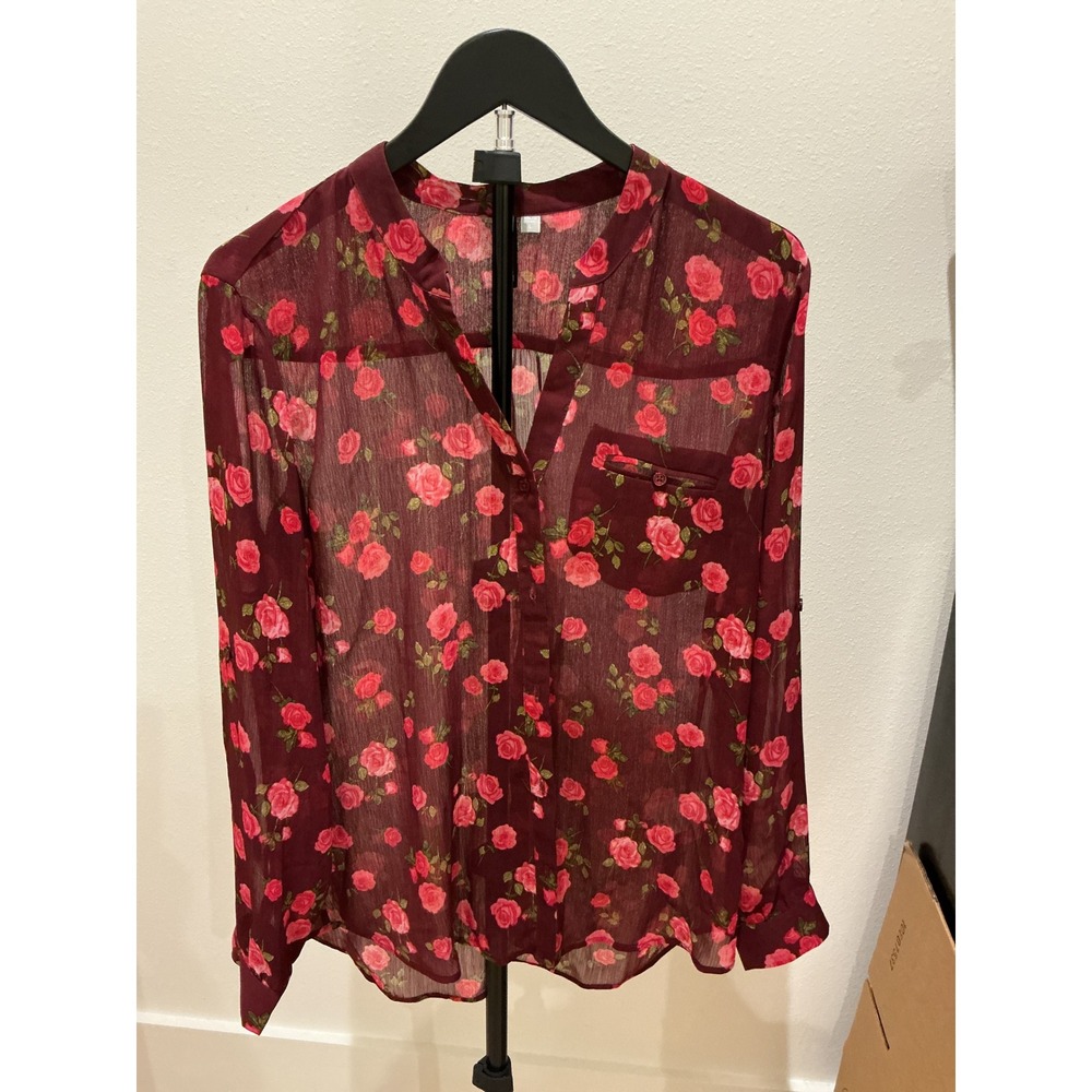 KUT from the Kloth Burgundy Floral Sheer Roll Tab Blouse Rose Print Size L